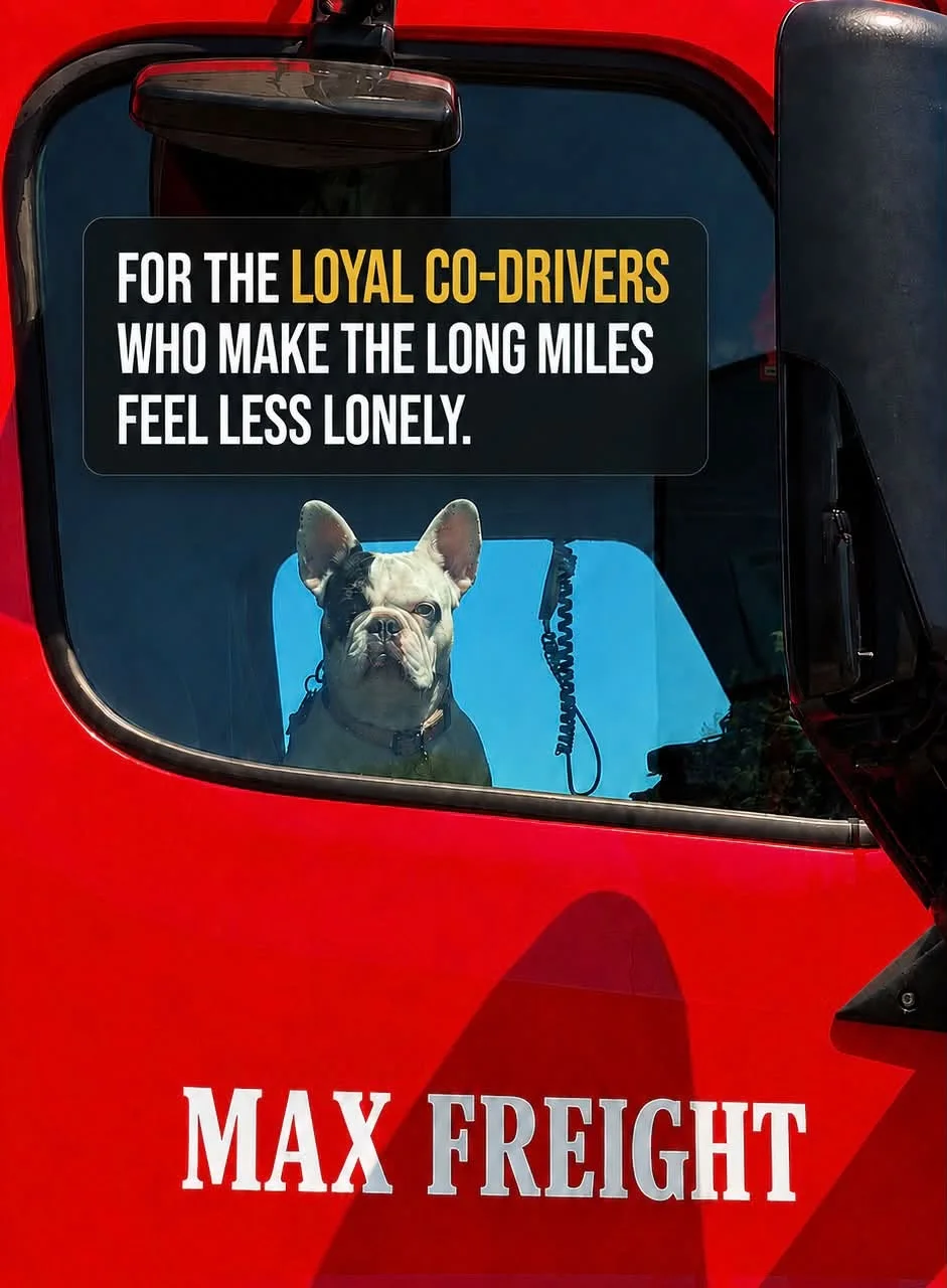 A driver's dog looking through a Max Freight truck window